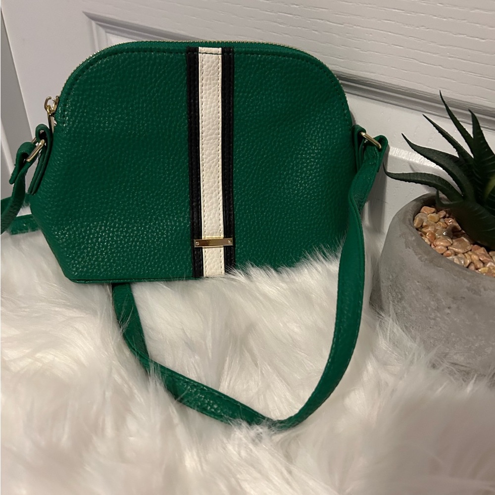 Pebbled Leather Kelly Green Black & White Stripped Mini Purse - Picture 1 of 3